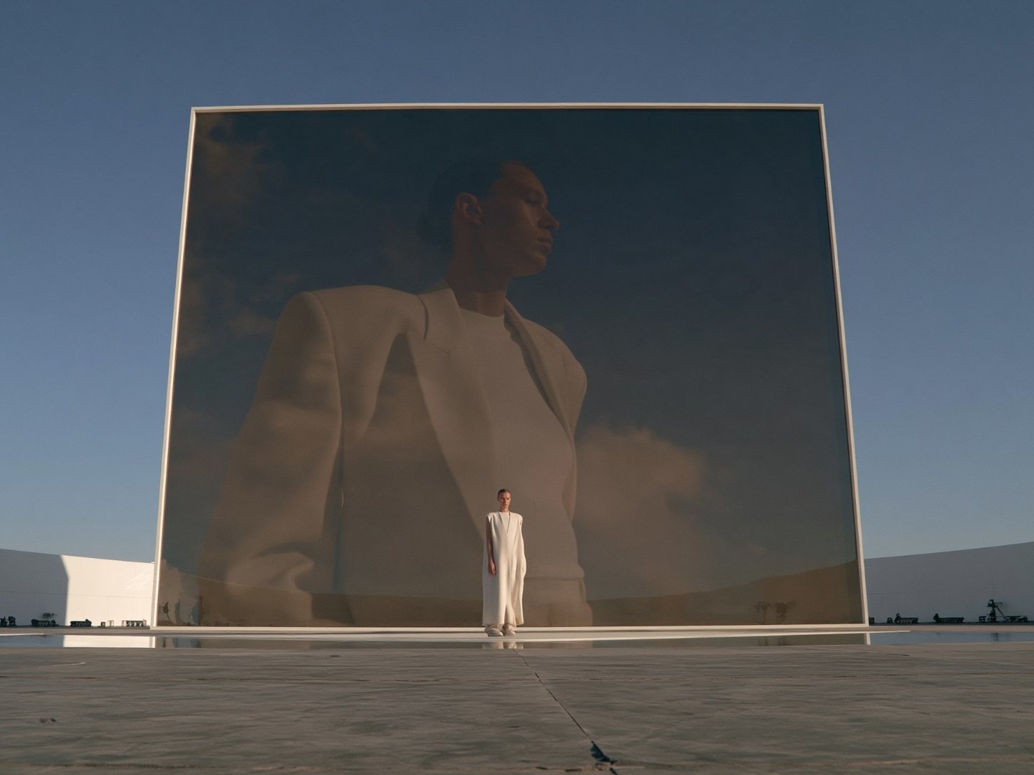 A woman in a white sleeveless dress stands small at the foot of a vast glass screen that shows her own profile against the sky.